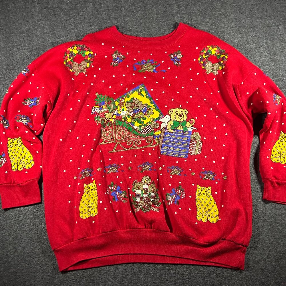 VTG 90s Size M Holiday Christmas Cat Crewneck Sweater Sweatshirt Playful Kittens